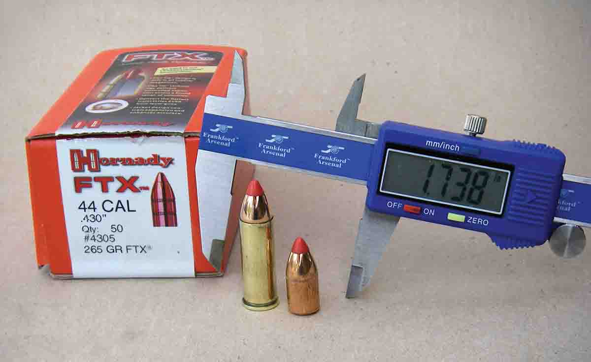 The Hornady 265-grain FTX bullet can be used in a Ruger New Model Super Blackhawk .44 Magnum. However, cases will need to be trimmed to 1.210 inches to keep the overall cartridge length within 1.738 inches.